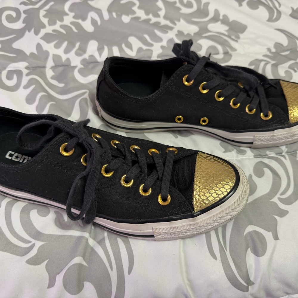 Converse All Stars Black Gold White Women's so 8 Sneakers w/ gold snakeskin toe - Picture 3 of 12